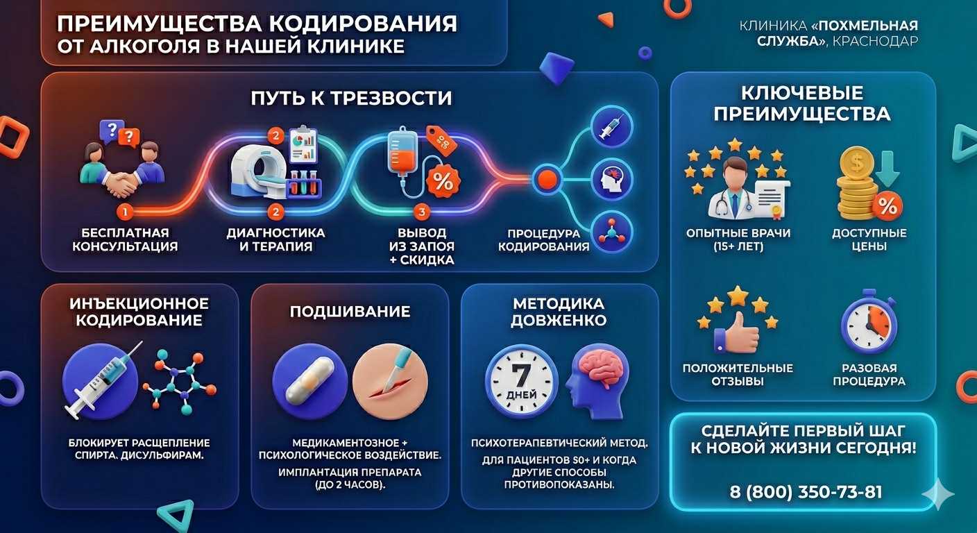Инфографика о методах кодирования от алкоголя в ЗАО Москвы: инъекции, подшивание, метод Довженко. Преимущества клиники и этапы лечения.
